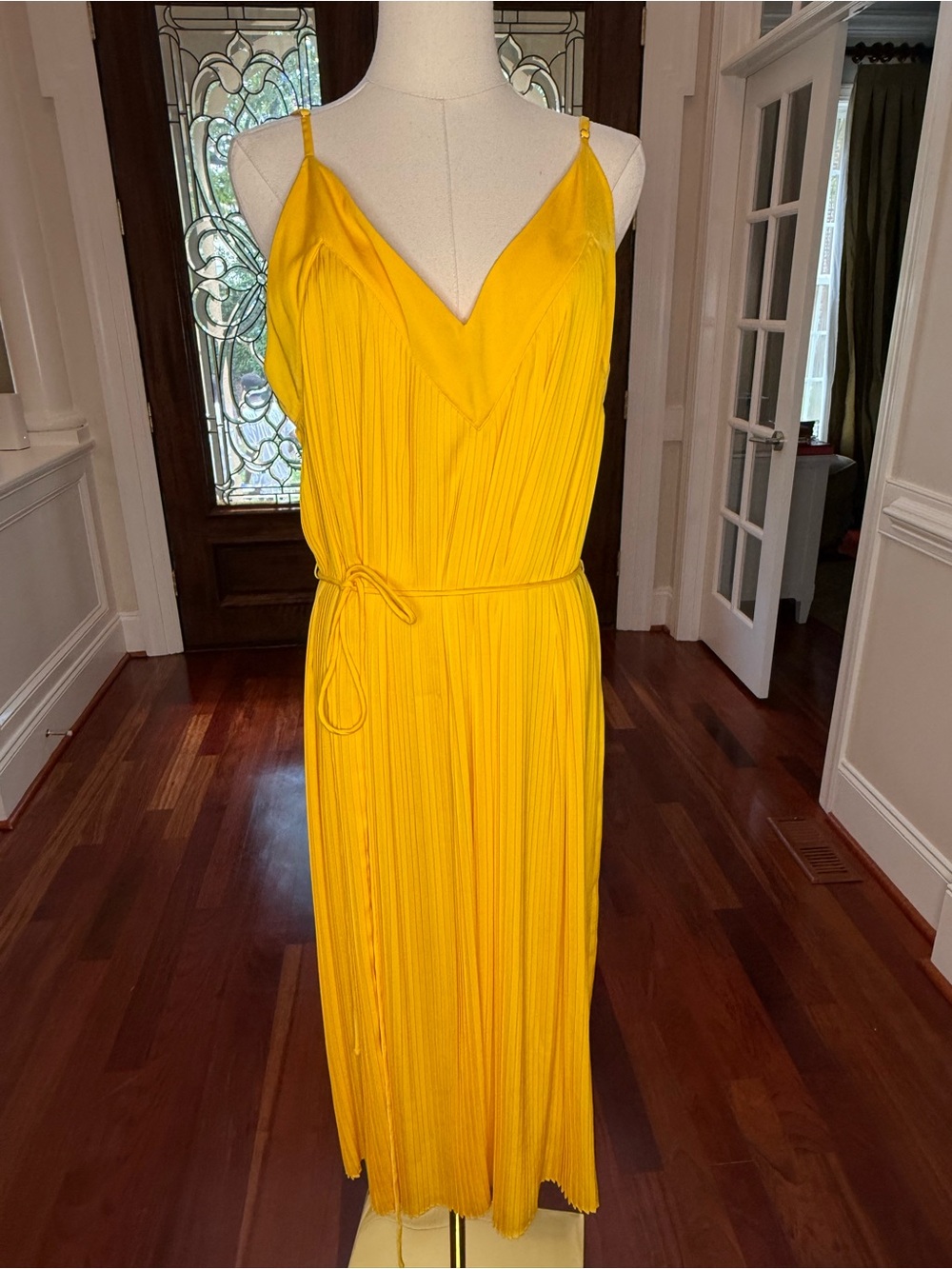 Escada Sport Bright Yellow Pleated V-Neck Midi Dress
